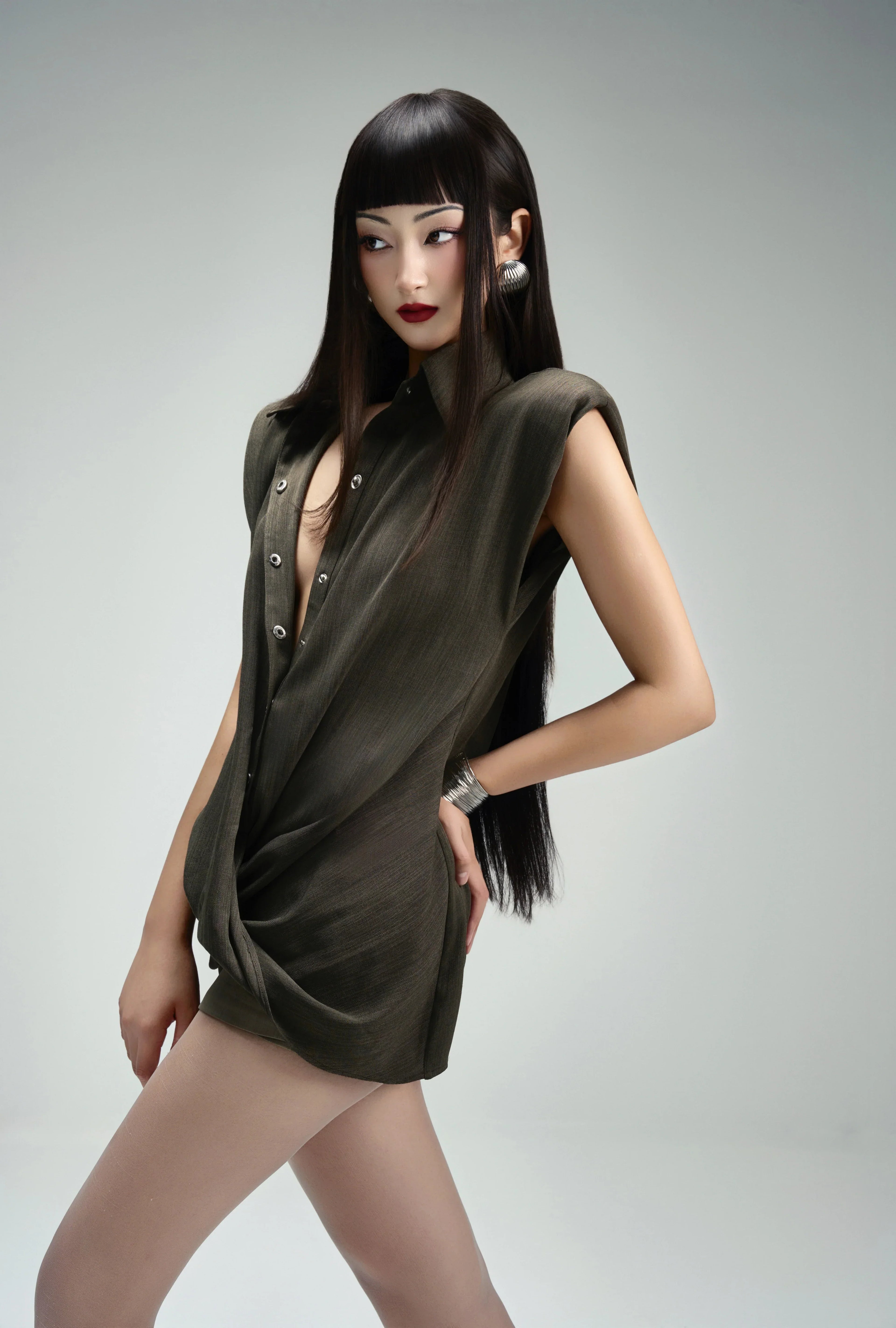 Twist Moss Green Shirt & Ash Grey Short-skirt