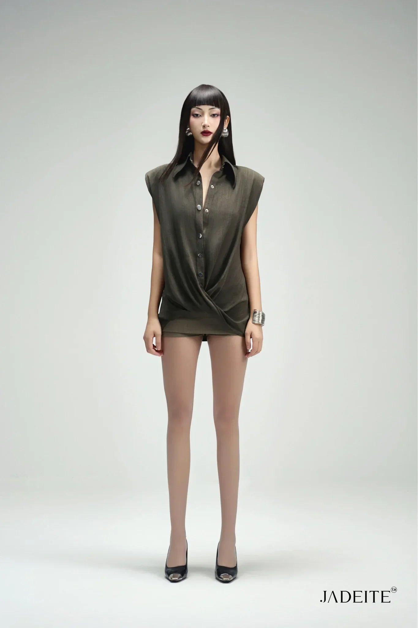 Twist Moss Green Shirt & Ash Grey Short-skirt