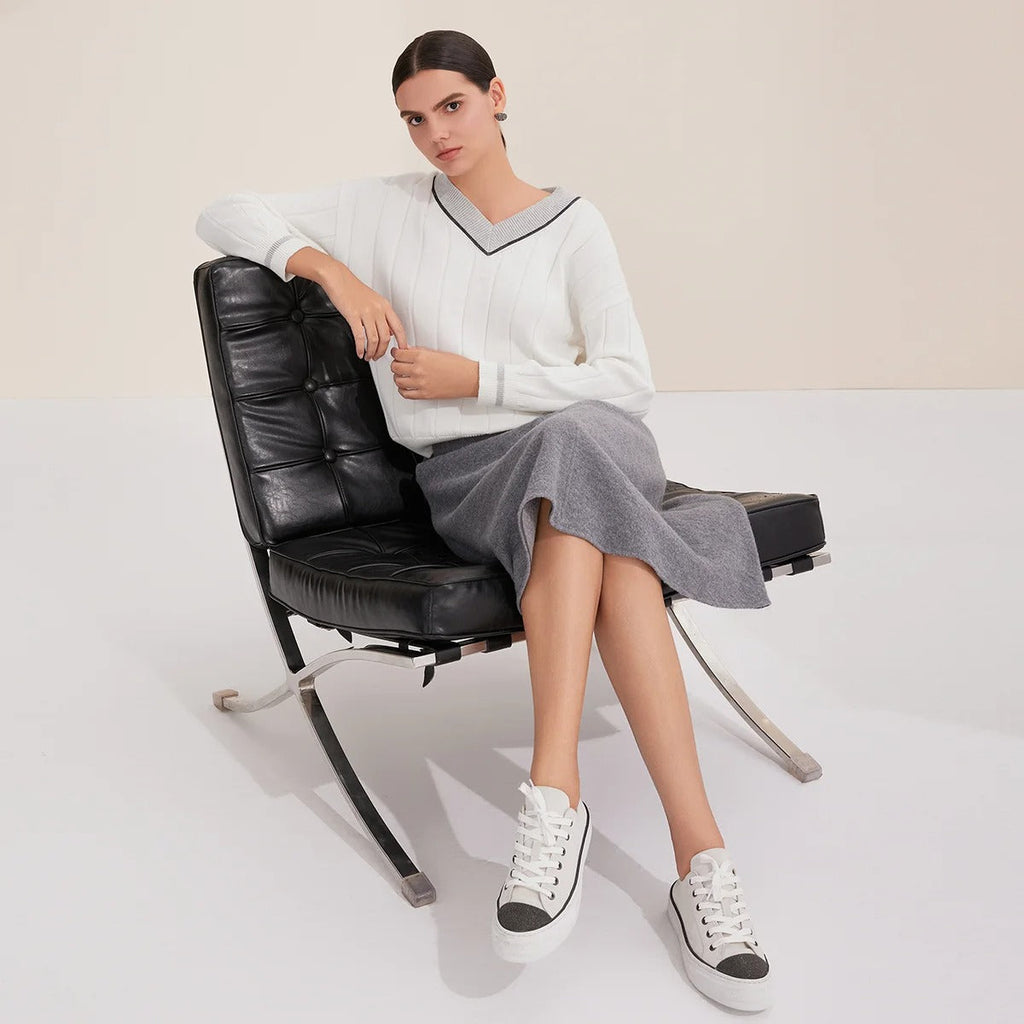 BY4521246 Women's V-Neck Long Sleeve Ribbed Sweater 100% Cotton Casual Knitted Pullover Fall Fashion 2025